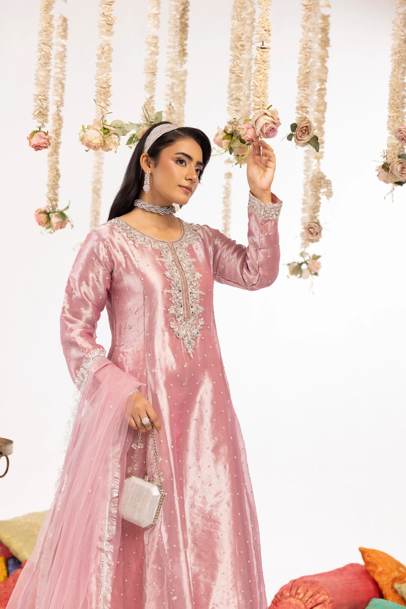 Hussain Rehar Inspired Raw Silk 3 Piece Pink Long Dress Outfit
