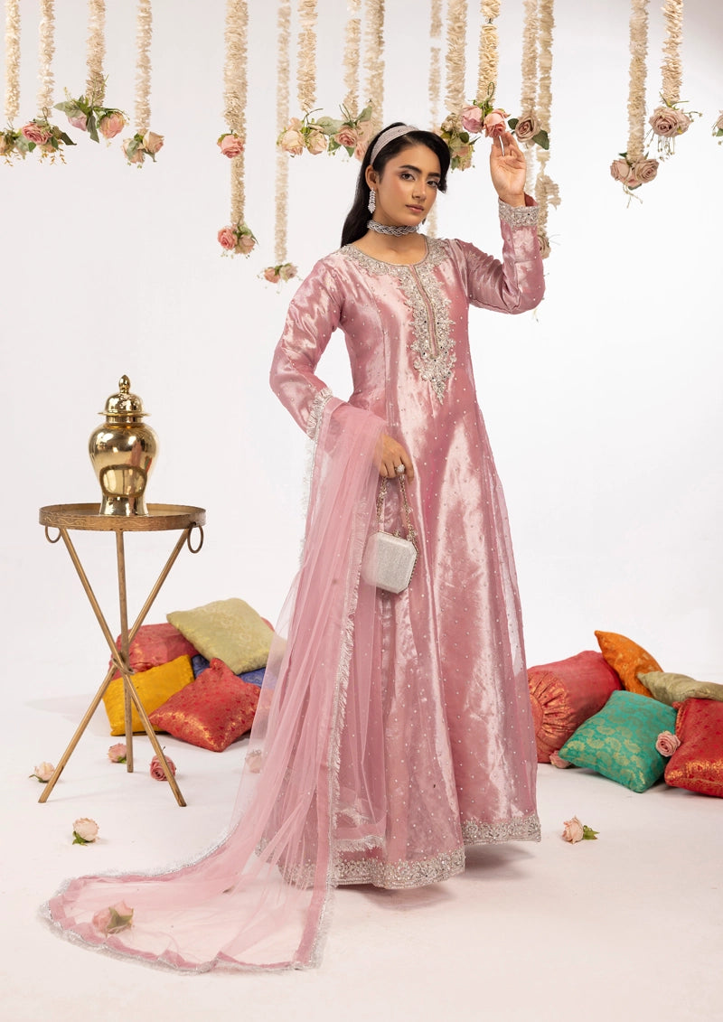 Hussain Rehar Inspired Raw Silk 3 Piece Pink Long Dress Outfit