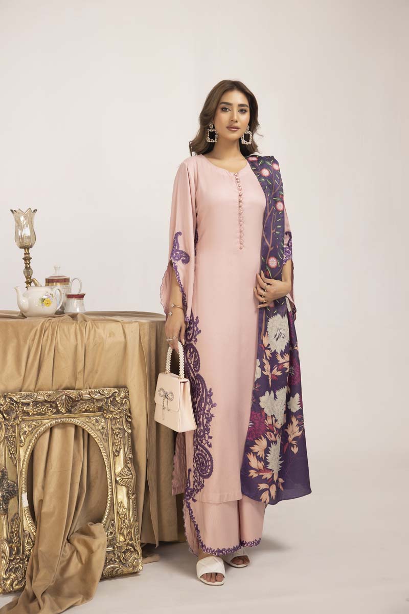 Marina 3 Piece Pink Suit with Digital Print Shawl - Desi Posh