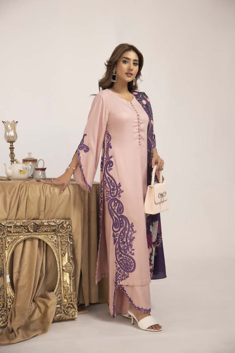 Marina 3 Piece Pink Suit with Digital Print Shawl - Desi Posh