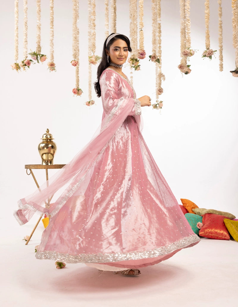Hussain Rehar Inspired Raw Silk 3 Piece Pink Long Dress Outfit