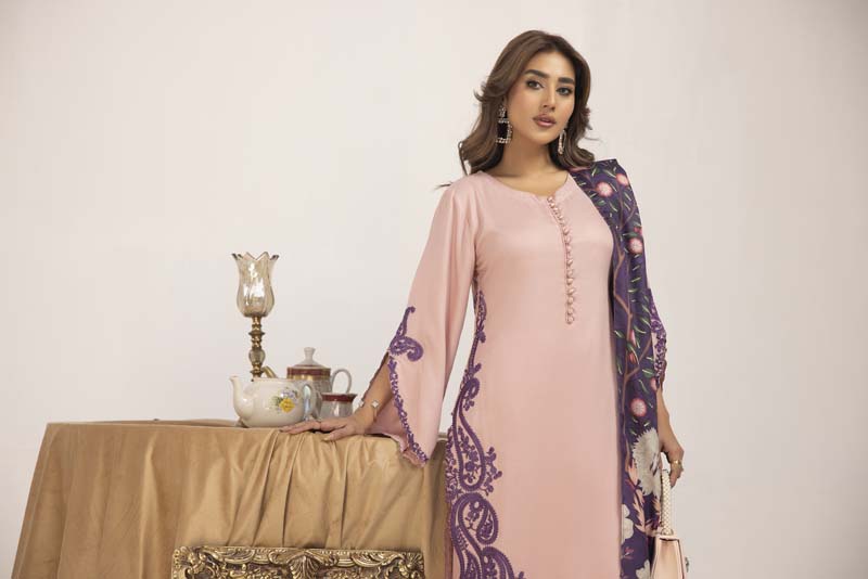 Marina 3 Piece Pink Suit with Digital Print Shawl - Desi Posh