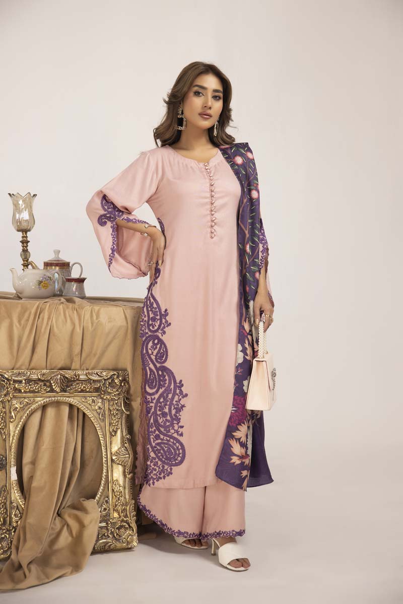 Marina 3 Piece Pink Suit with Digital Print Shawl - Desi Posh