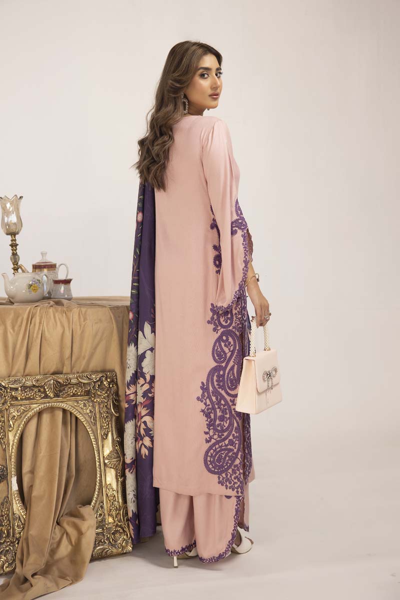 Marina 3 Piece Pink Suit with Digital Print Shawl - Desi Posh