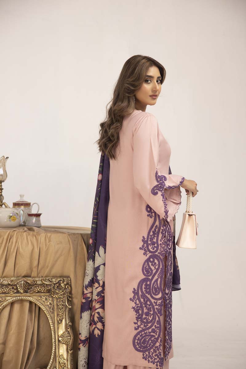 Marina 3 Piece Pink Suit with Digital Print Shawl - Desi Posh
