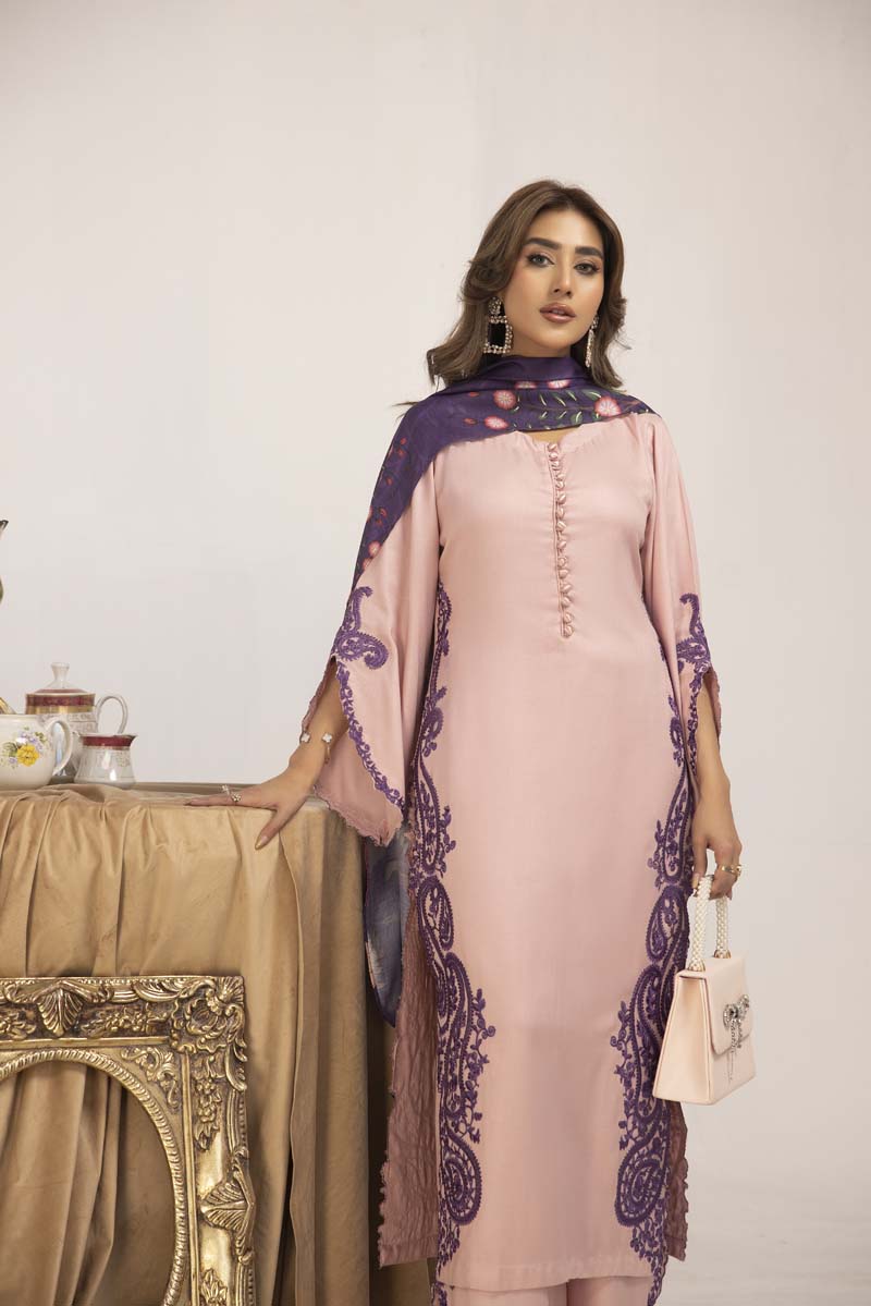 Marina 3 Piece Pink Suit with Digital Print Shawl - Desi Posh