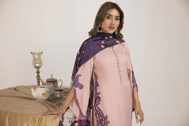 Marina 3 Piece Pink Suit with Digital Print Shawl - Desi Posh