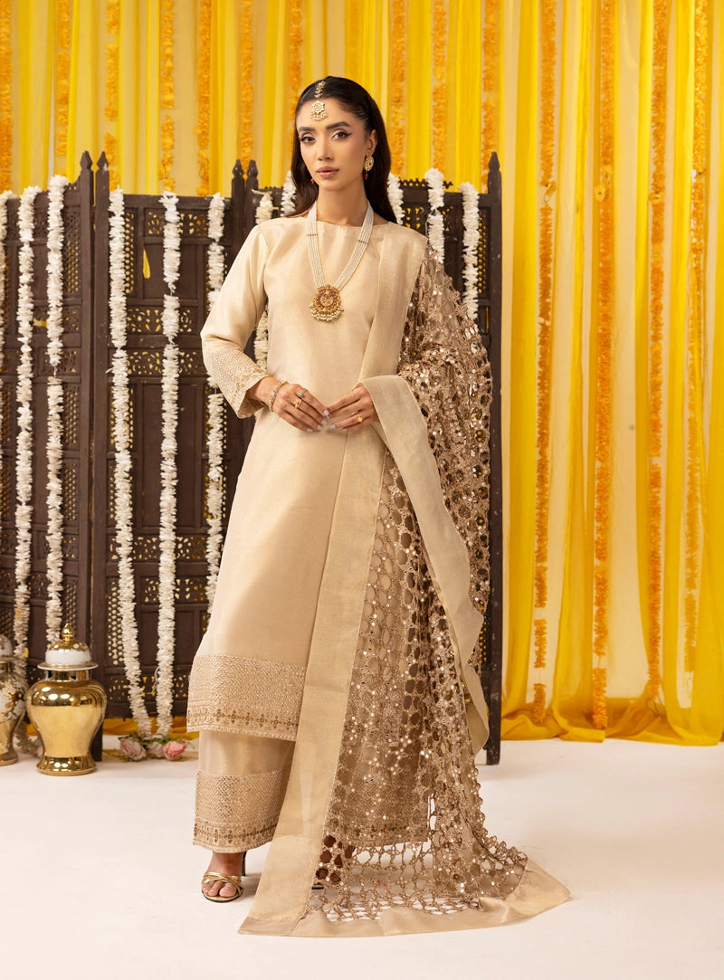 Woman in a traditional outfit with a yellow and black decorative background