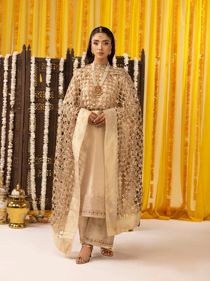 Woman in traditional attire with a yellow and brown decorative background
