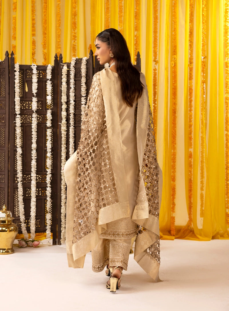Hussain Rehar Inspired Raw Silk 3 Piece Metallic Gold Heavy Dupatta Outfit