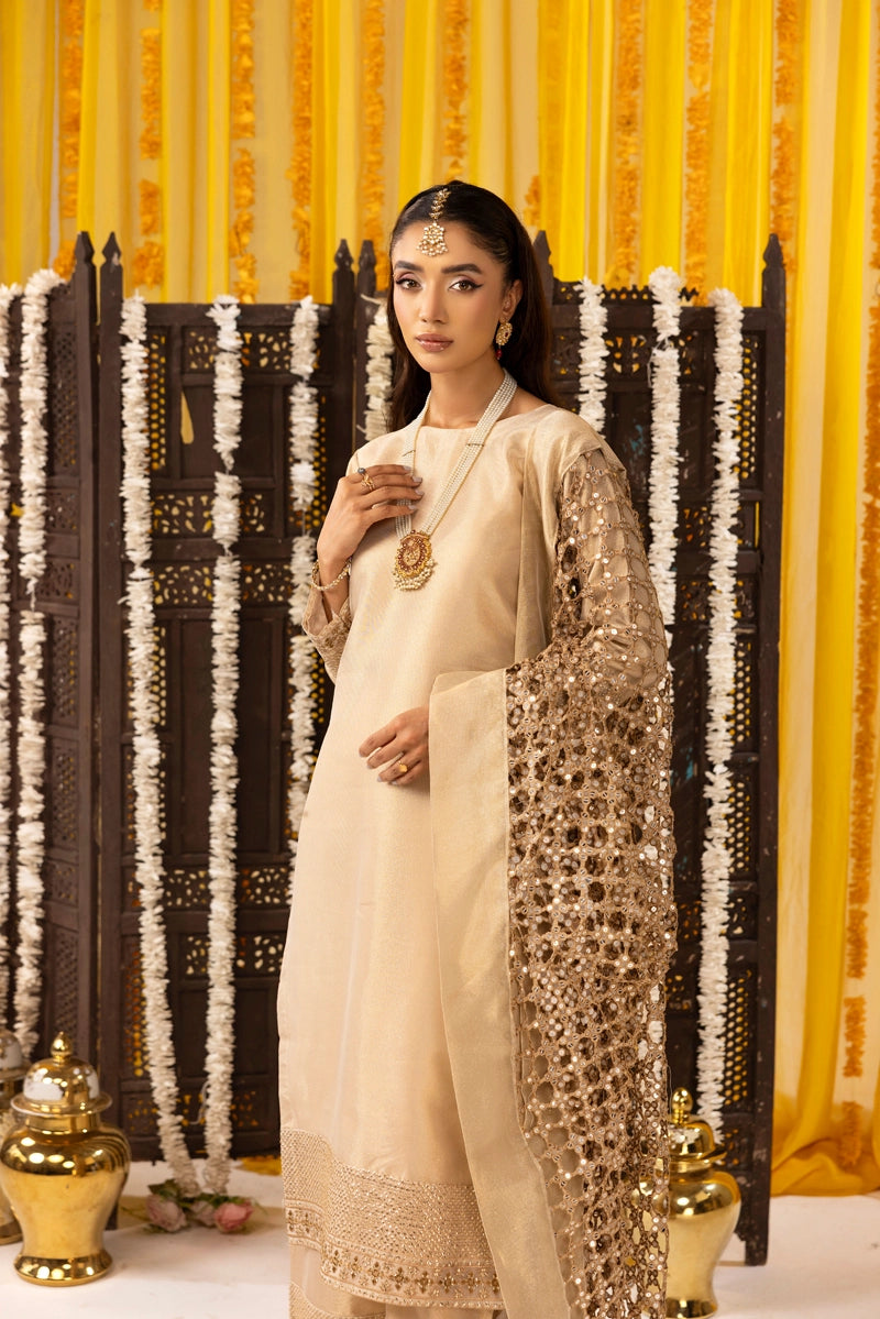 Hussain Rehar Inspired Raw Silk 3 Piece Metallic Gold Heavy Dupatta Outfit