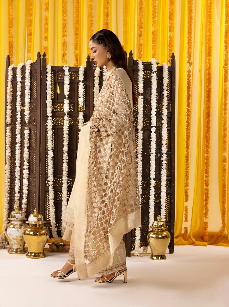 Hussain Rehar Inspired Raw Silk 3 Piece Metallic Gold Heavy Dupatta Outfit