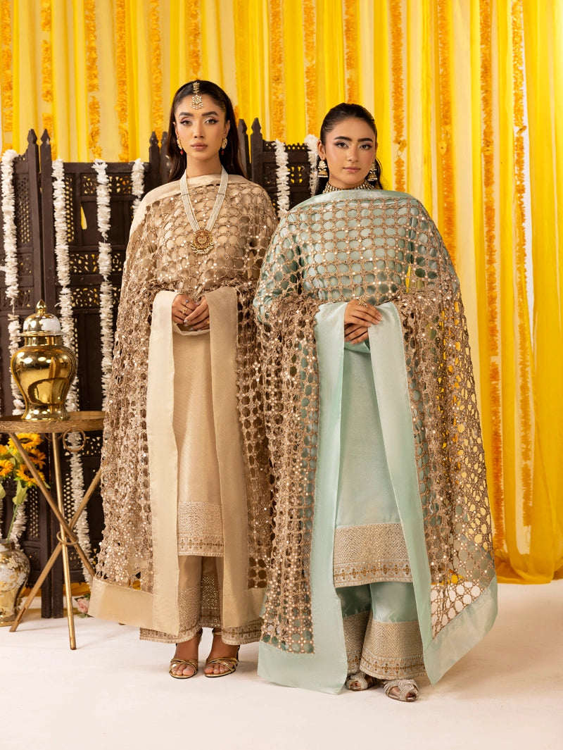 Hussain Rehar Inspired Raw Silk 3 Piece Metallic Green Heavy Dupatta Outfit