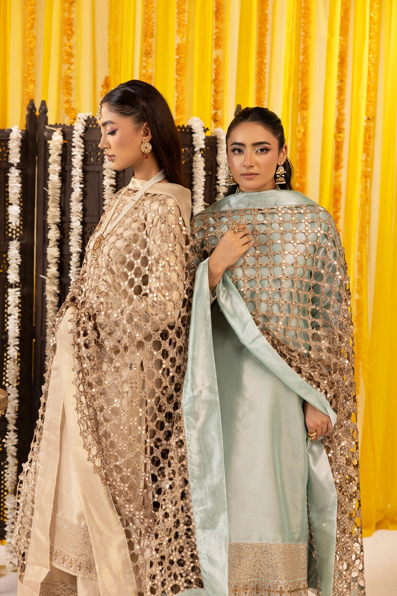 Hussain Rehar Inspired Raw Silk 3 Piece Metallic Gold Heavy Dupatta Outfit