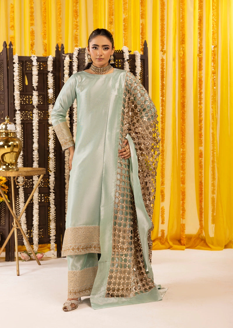 Hussain Rehar Inspired Raw Silk 3 Piece Metallic Green Heavy Dupatta Outfit