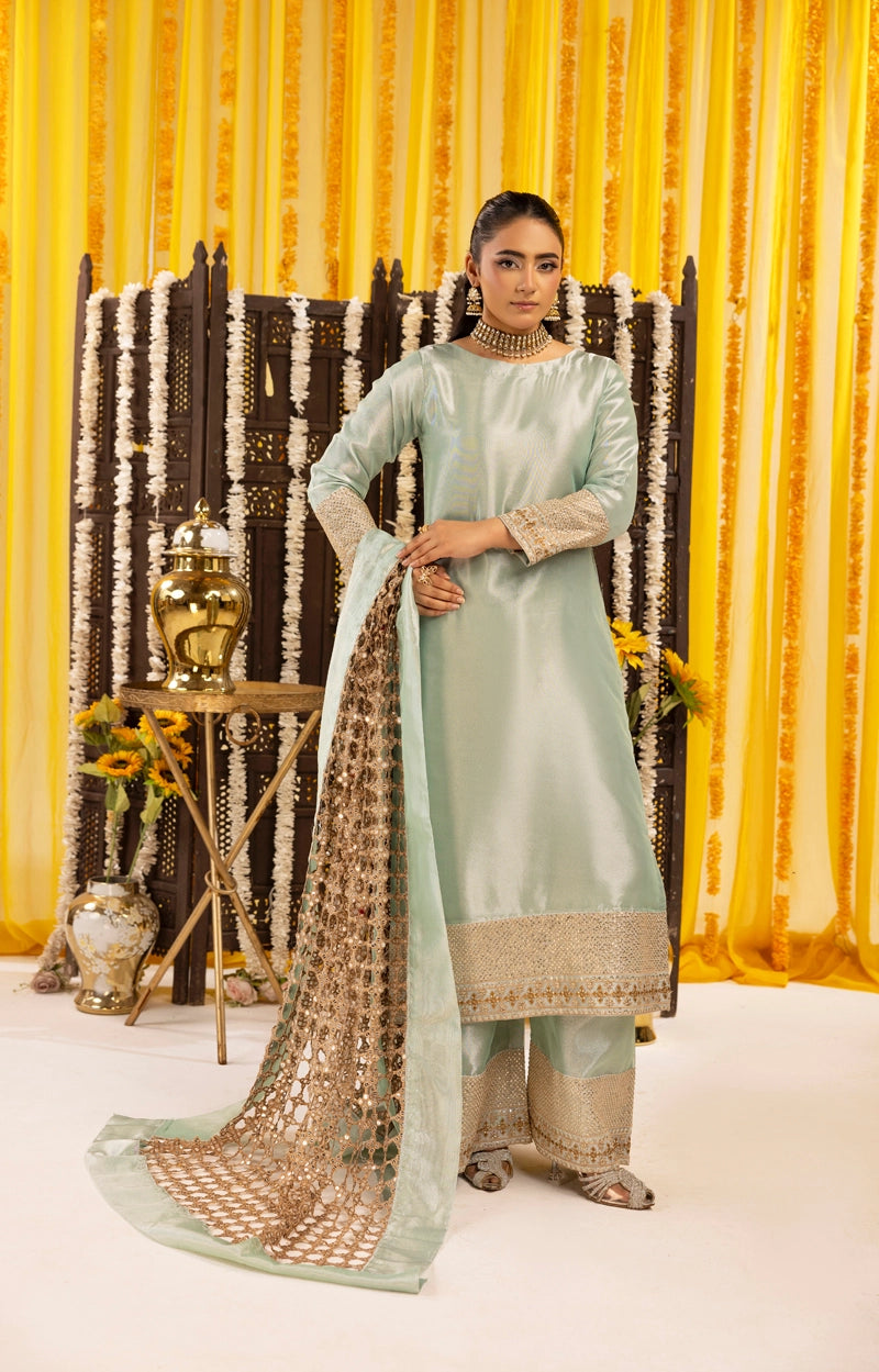 Hussain Rehar Inspired Raw Silk 3 Piece Metallic Green Heavy Dupatta Outfit