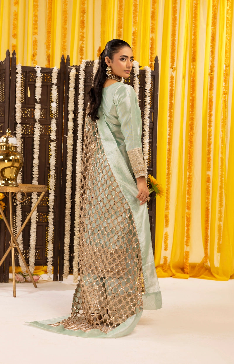 Hussain Rehar Inspired Raw Silk 3 Piece Metallic Green Heavy Dupatta Outfit