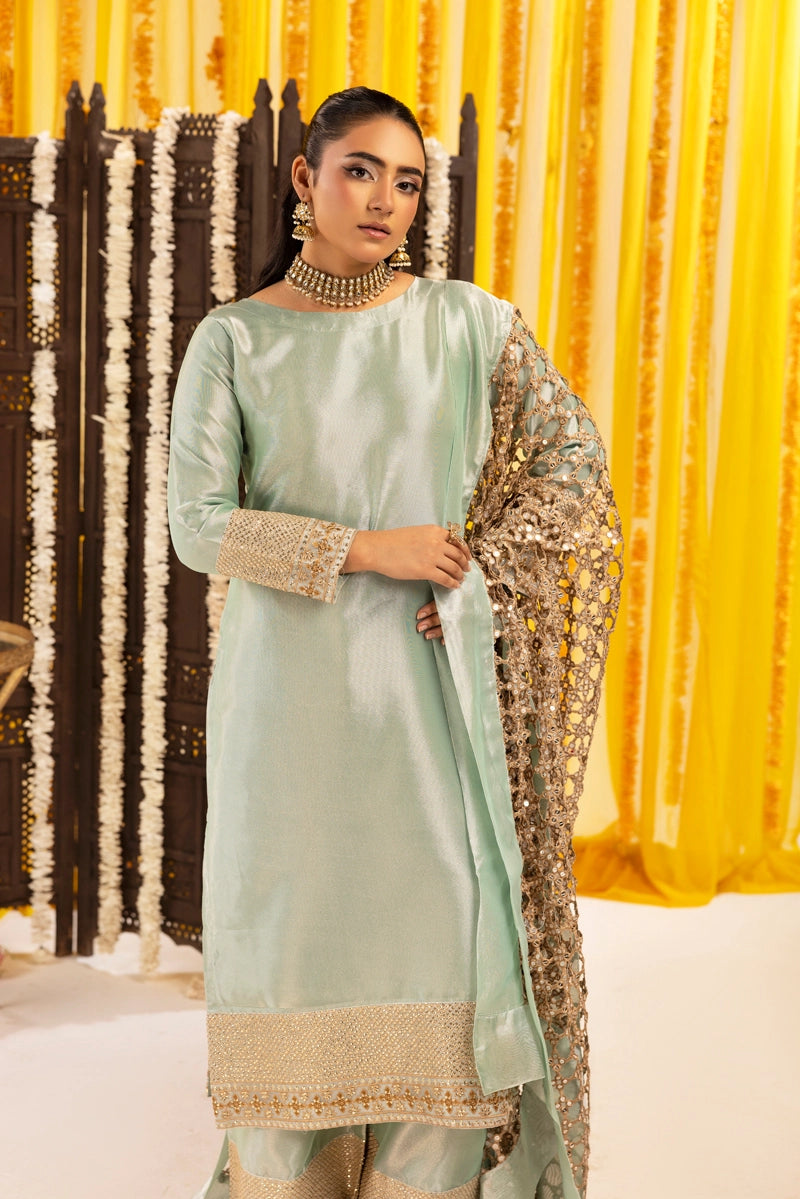 Hussain Rehar Inspired Raw Silk 3 Piece Metallic Green Heavy Dupatta Outfit