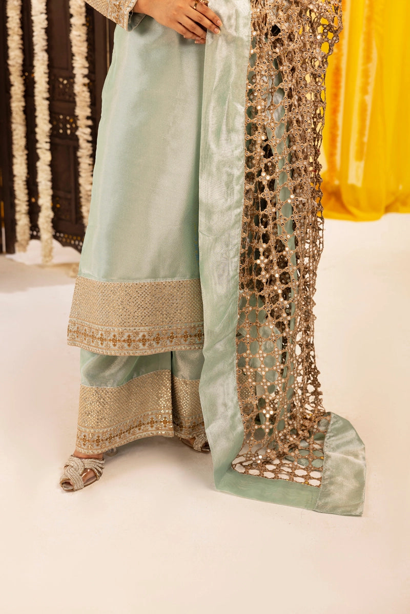 Hussain Rehar Inspired Raw Silk 3 Piece Metallic Green Heavy Dupatta Outfit