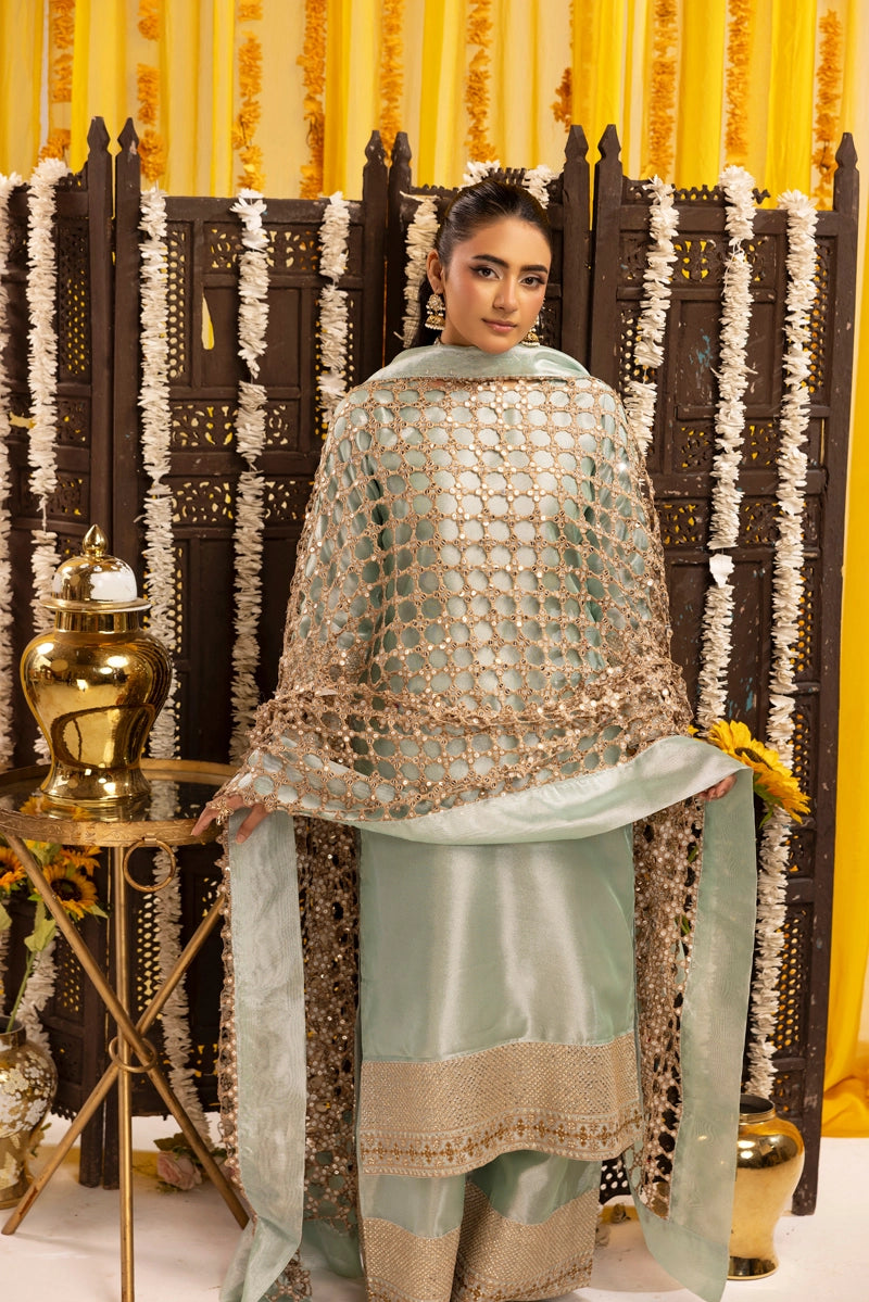 Hussain Rehar Inspired Raw Silk 3 Piece Metallic Green Heavy Dupatta Outfit
