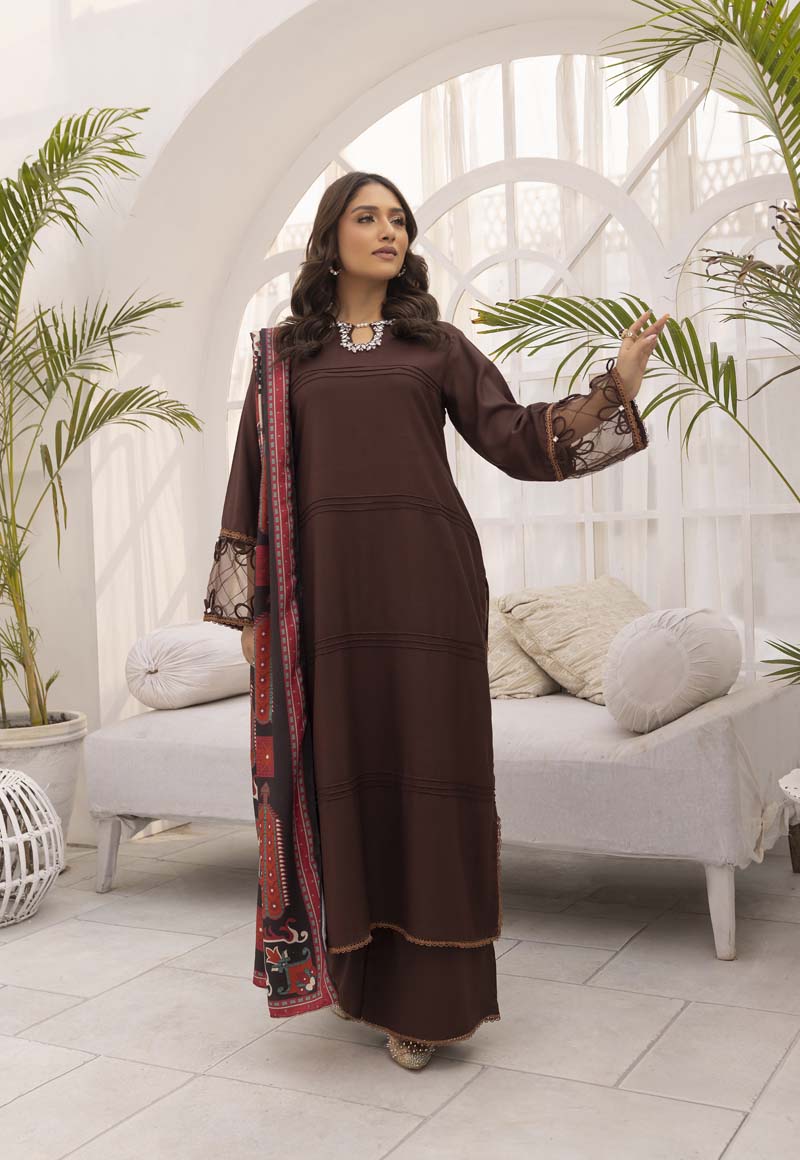 Nakhra 3 Piece Dhanak Linen Suit with Digital Wool Shawl DSS04 - Desi Posh