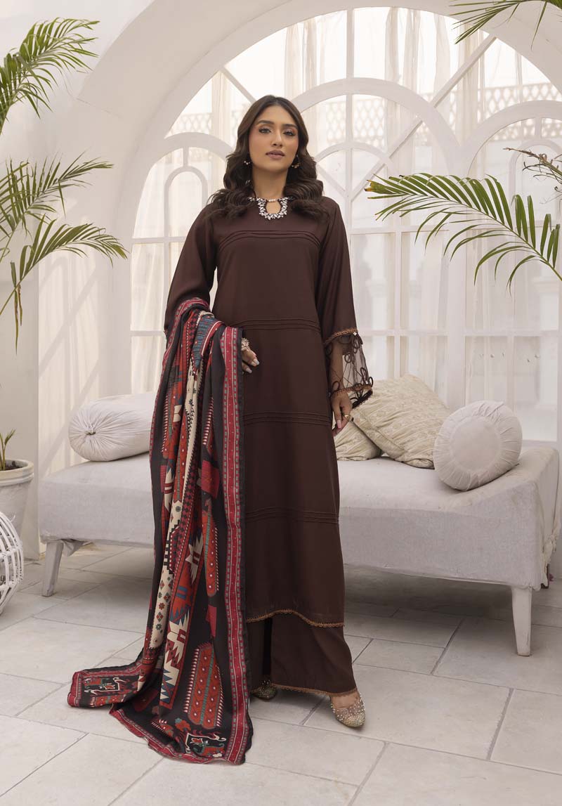 Nakhra 3 Piece Dhanak Linen Suit with Digital Wool Shawl DSS04 - Desi Posh