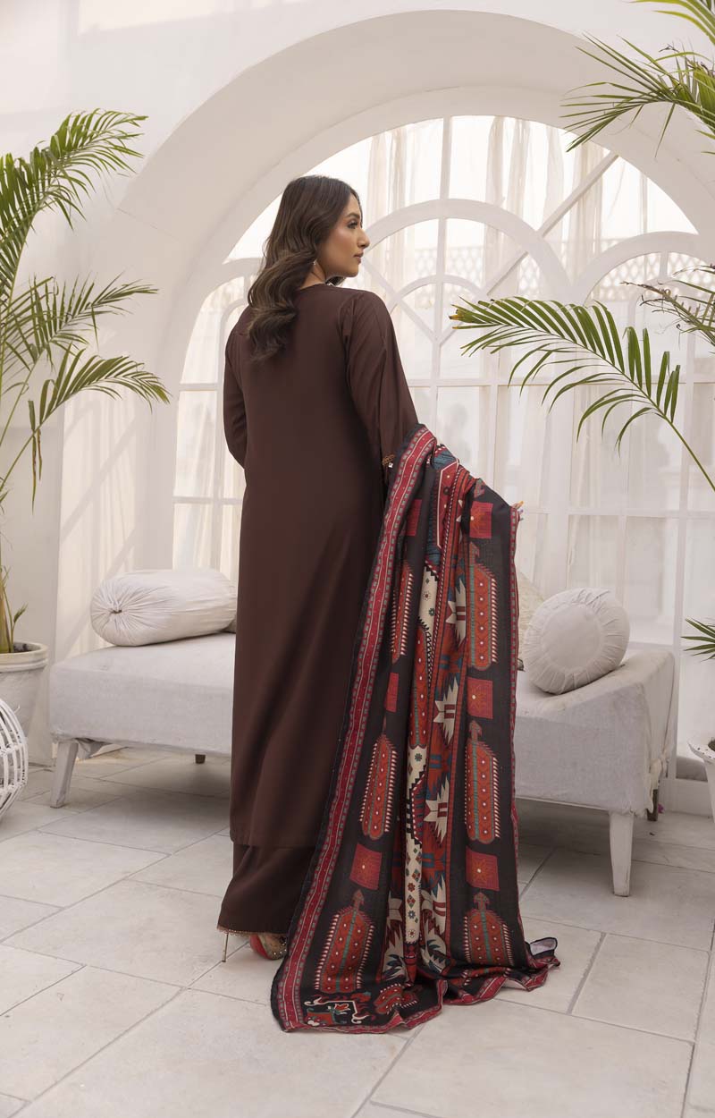 Nakhra 3 Piece Dhanak Linen Suit with Digital Wool Shawl DSS04 - Desi Posh