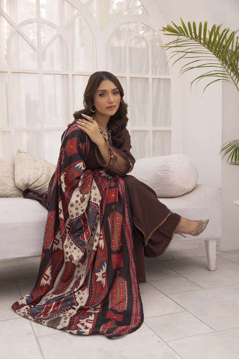 Nakhra 3 Piece Dhanak Linen Suit with Digital Wool Shawl DSS04 - Desi Posh