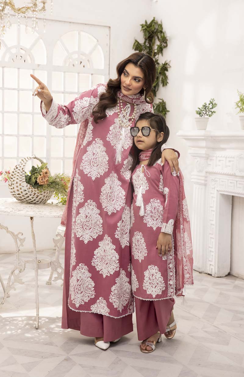 Jannat Pink Mummy & Me Girls 3 Piece Suit With Chiffon Dupatta - Desi Posh