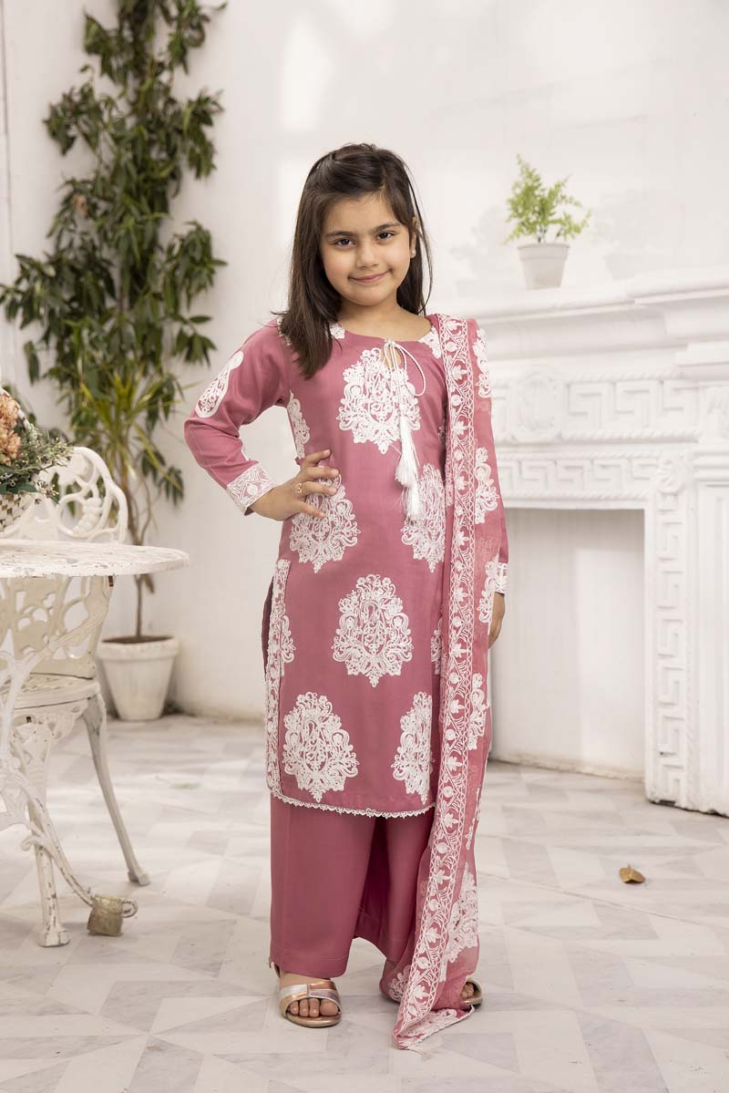 Jannat Pink Mummy & Me Girls 3 Piece Suit With Chiffon Dupatta - Desi Posh