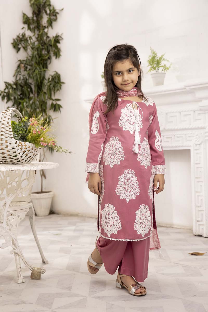 Jannat Pink Mummy & Me Girls 3 Piece Suit With Chiffon Dupatta - Desi Posh