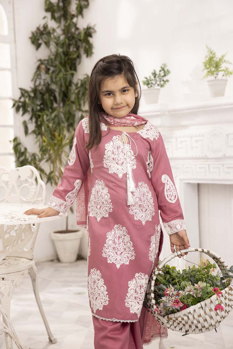 Jannat Pink Mummy & Me Girls 3 Piece Suit With Chiffon Dupatta - Desi Posh