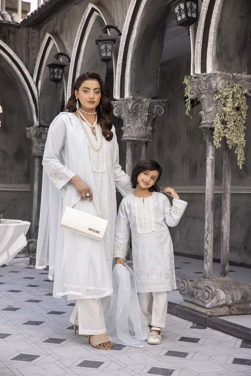 Sana Safinaz Inspired Girls Mint Blue Chikan Kari Mummy & Me Eid Outfit - Desi Posh