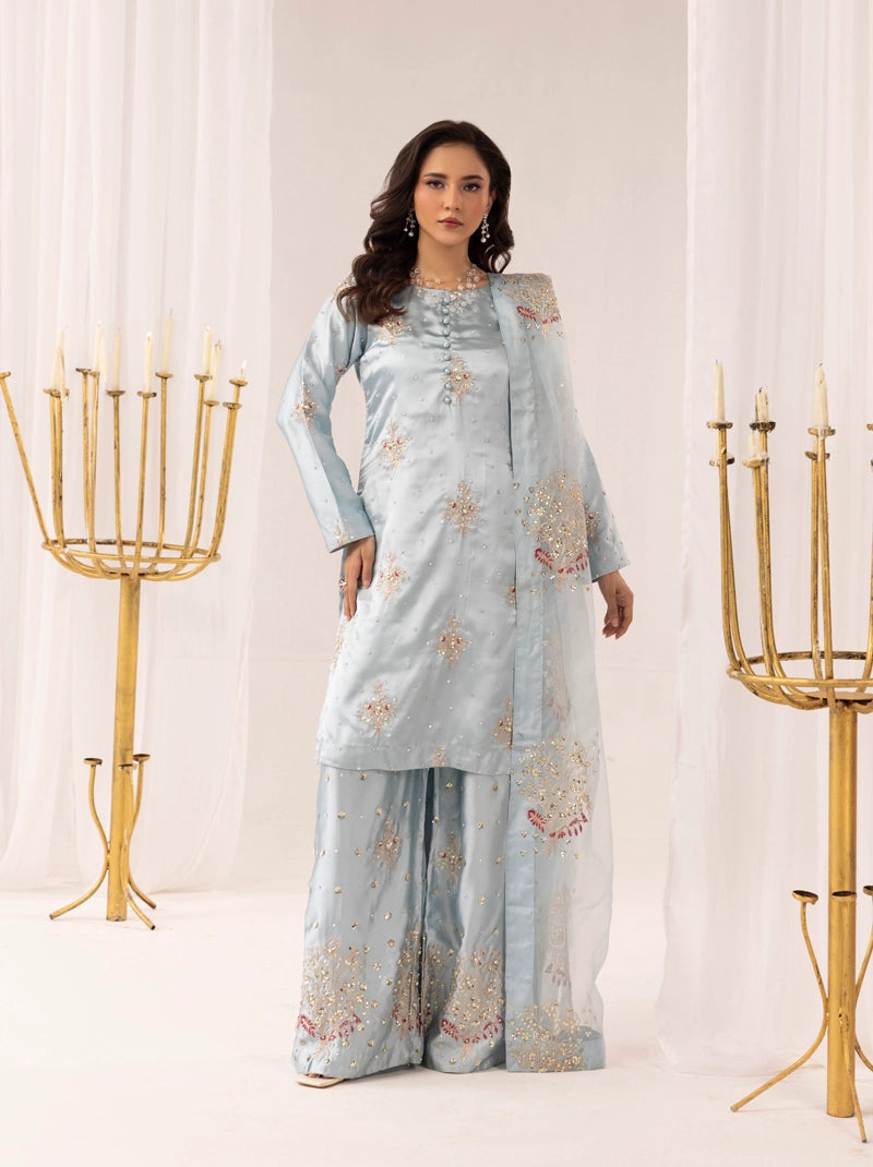 Hussain Rehar Inspired Raw Silk 3 Piece Sky Blue Palazzo Outfit