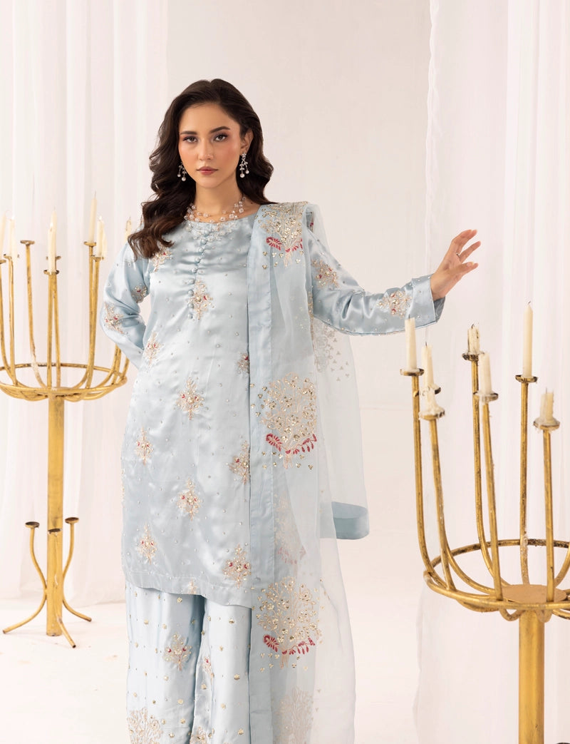 Hussain Rehar Inspired Raw Silk 3 Piece Sky Blue Palazzo Outfit
