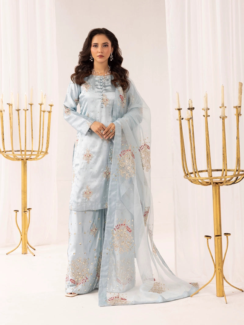 Hussain Rehar Inspired Raw Silk 3 Piece Sky Blue Palazzo Outfit