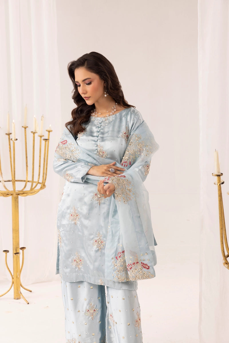 Hussain Rehar Inspired Raw Silk 3 Piece Sky Blue Palazzo Outfit