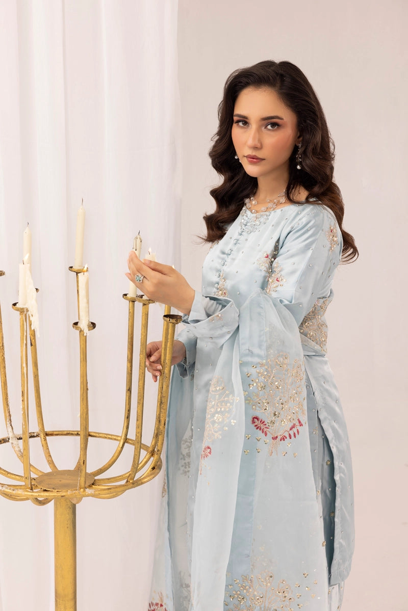 Hussain Rehar Inspired Raw Silk 3 Piece Sky Blue Palazzo Outfit