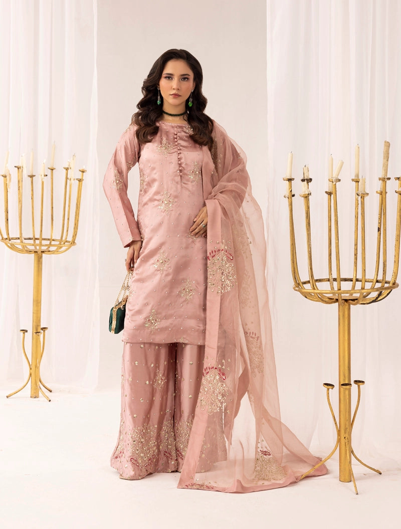 Hussain Rehar Inspired Raw Silk 3 Piece Rose Pink Palazzo Outfit