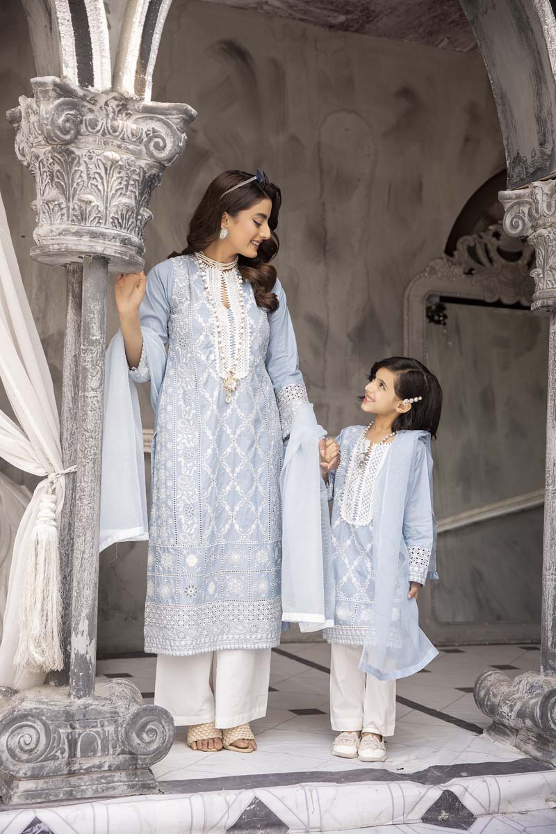 Sana Safinaz Inspired Girls Blue Chikan Kari Mummy & Me Eid Outfit - Desi Posh