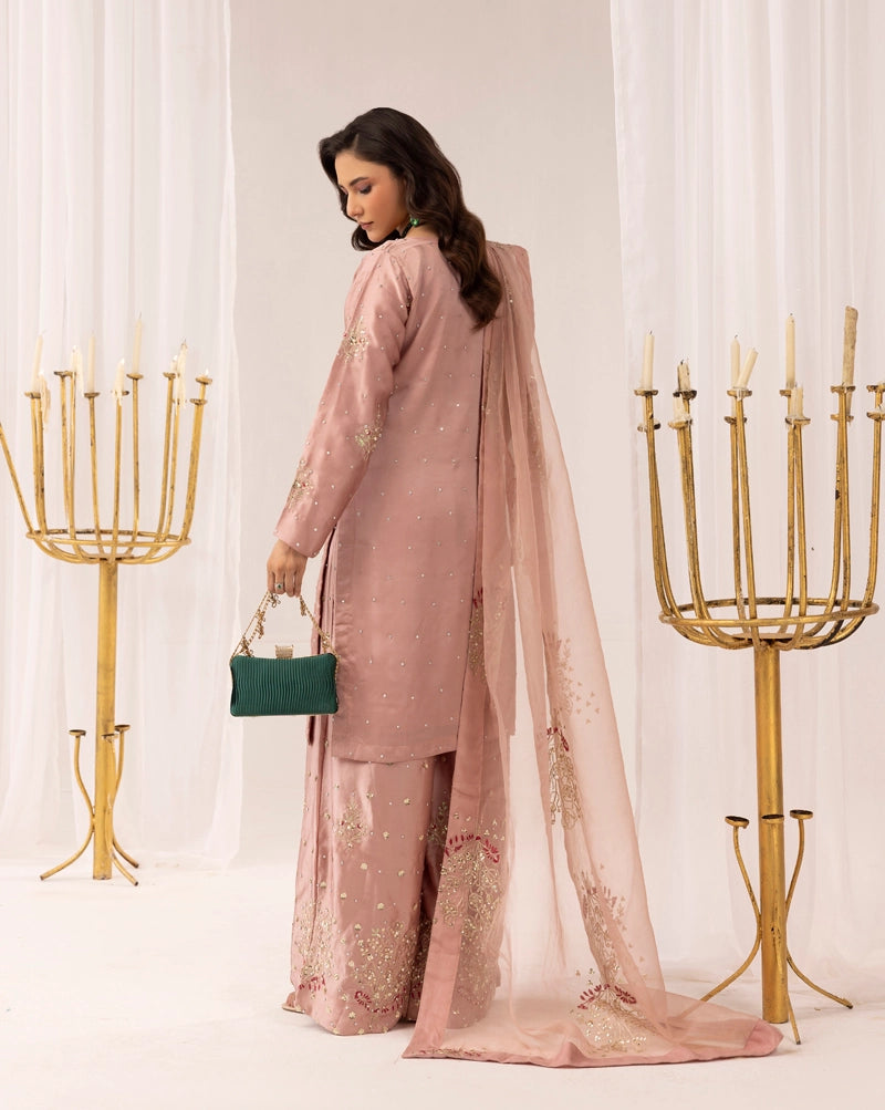 Hussain Rehar Inspired Raw Silk 3 Piece Rose Pink Palazzo Outfit