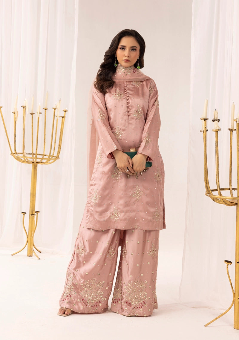 Hussain Rehar Inspired Raw Silk 3 Piece Rose Pink Palazzo Outfit