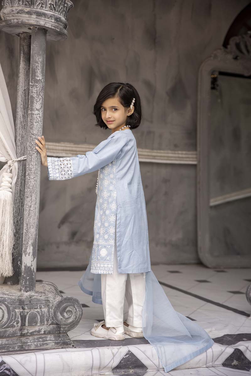 Sana Safinaz Inspired Girls Blue Chikan Kari Mummy & Me Eid Outfit - Desi Posh