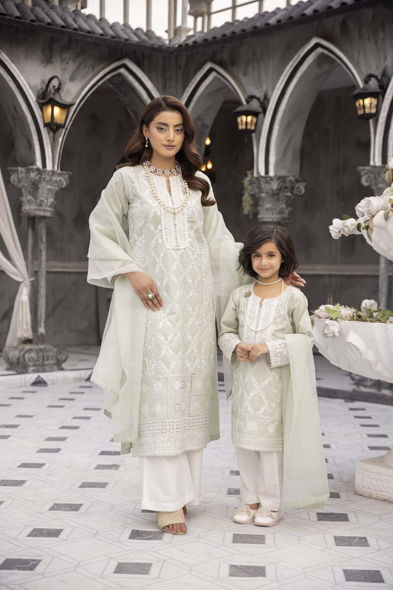 Sana Safinaz Inspired Ladies Mint Green Chikan Kari Mummy & Me Eid Outfit - Desi Posh