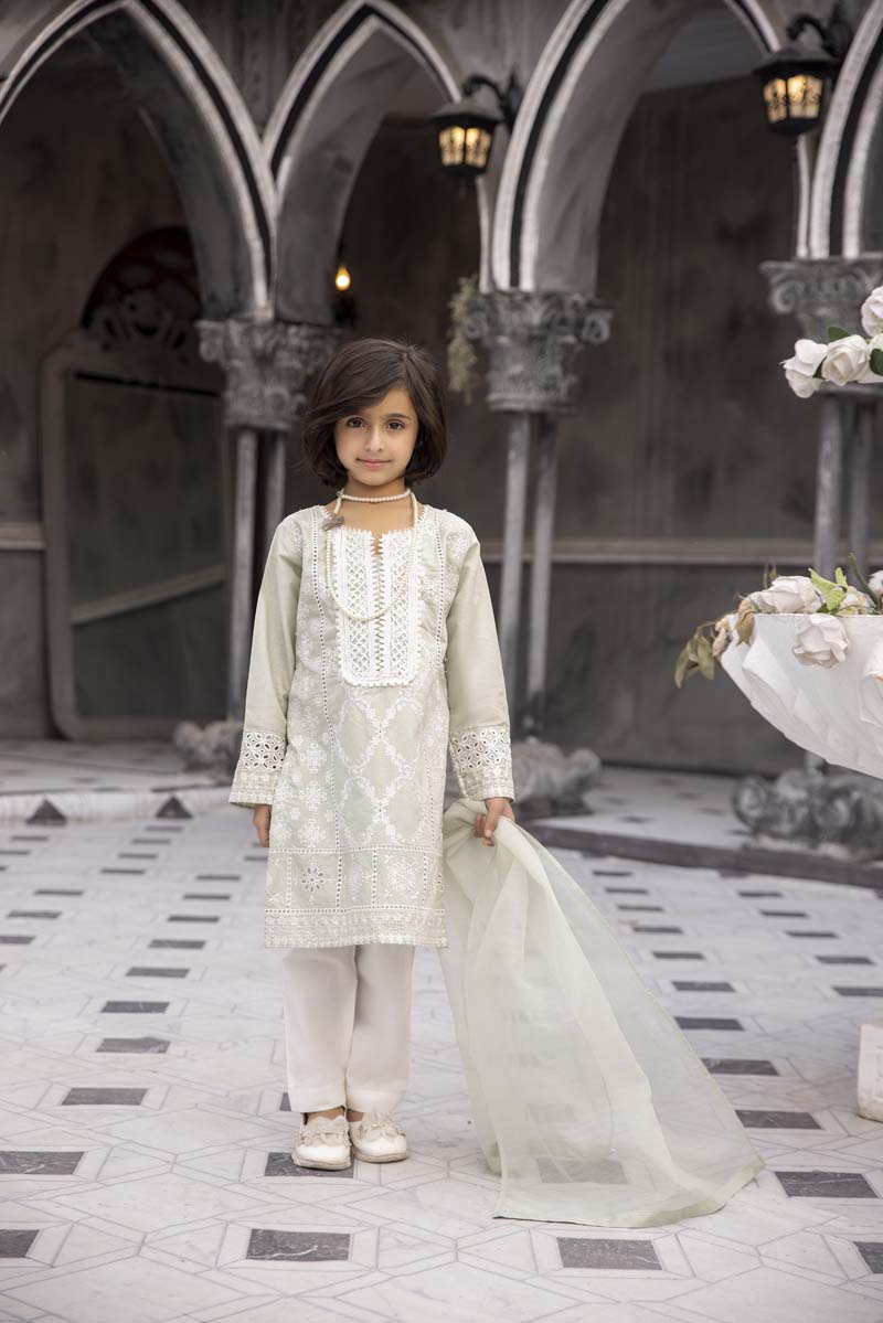 Sana Safinaz Inspired Girls Mint Green Chikan Kari Mummy & Me Eid Outfit - Desi Posh