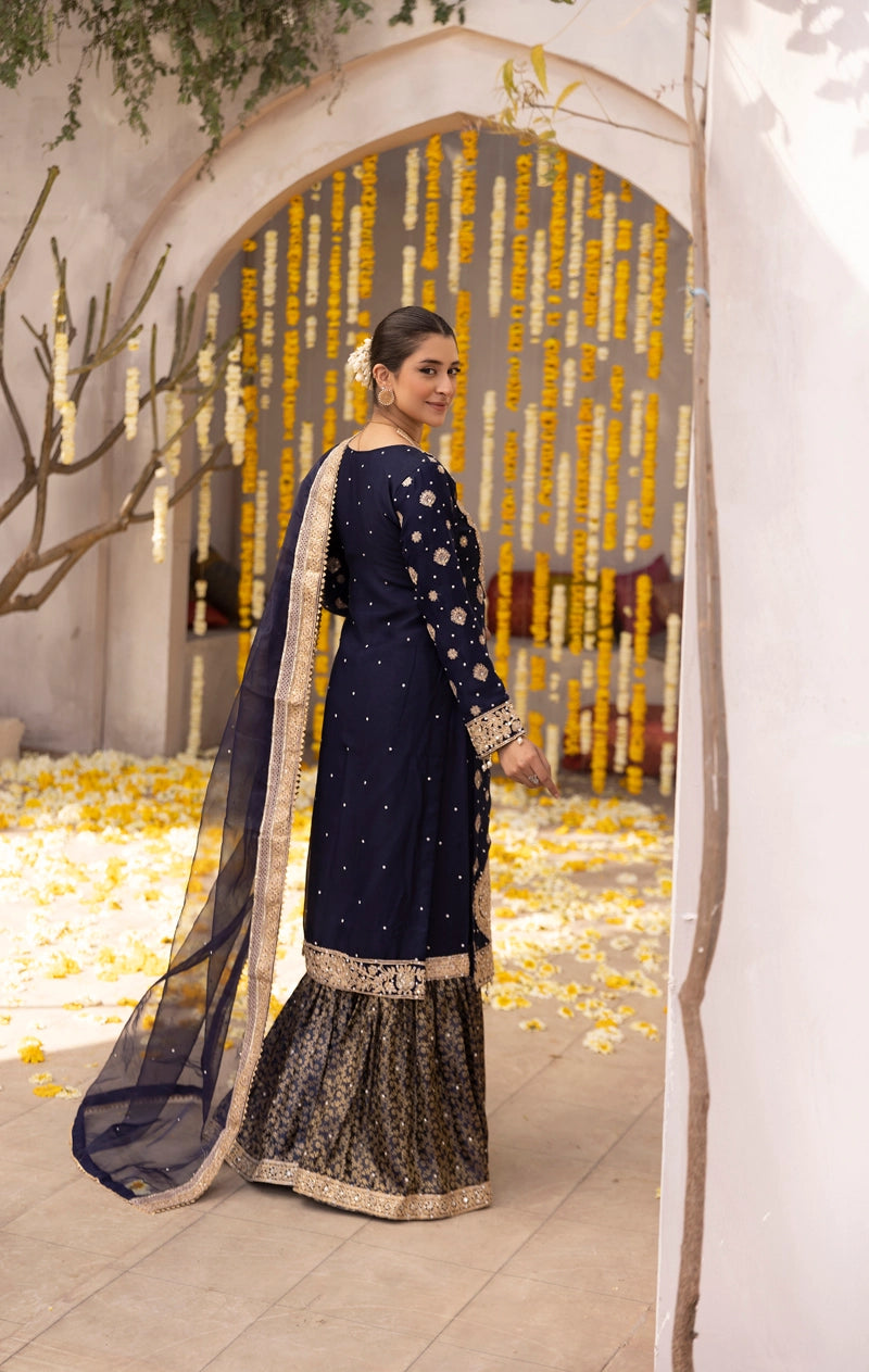 Aliyah Mother & Daughter Navy Ladies Wedding Farshi Gharara Oufit - Desi Posh