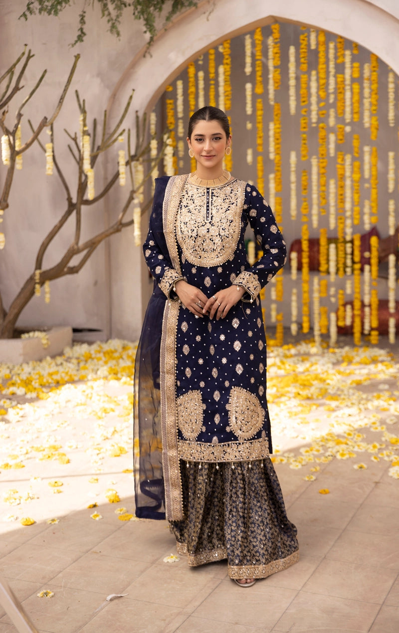 Aliyah Mother & Daughter Navy Ladies Wedding Farshi Gharara Oufit - Desi Posh