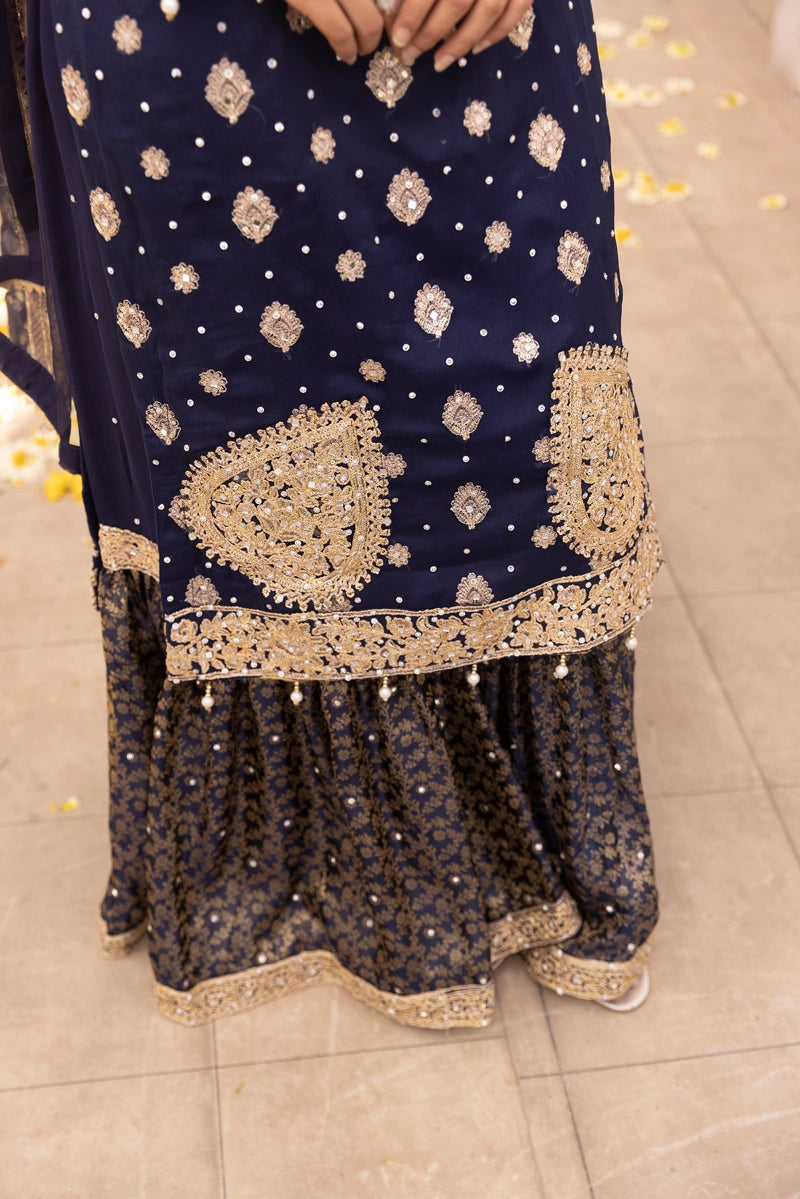 Aliyah Mother & Daughter Navy Ladies Wedding Farshi Gharara Oufit - Desi Posh