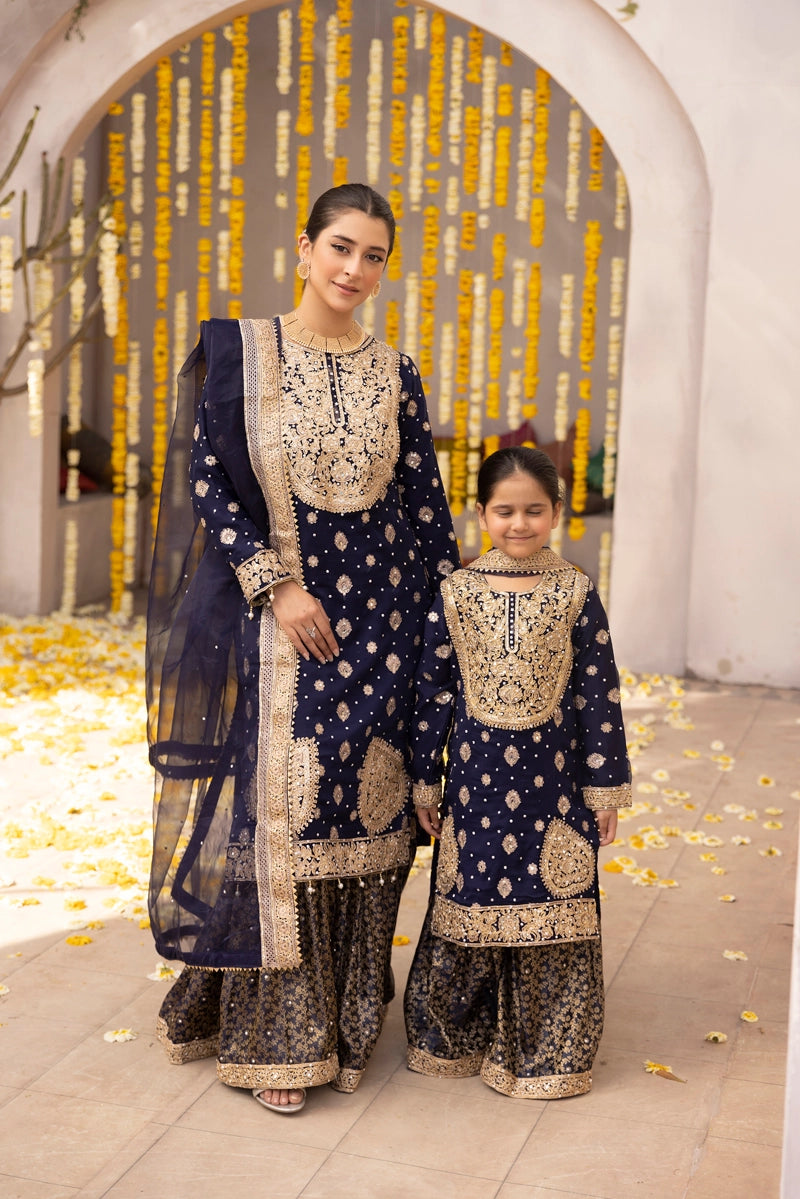 Aliyah Mother & Daughter Navy Ladies Wedding Farshi Gharara Oufit - Desi Posh