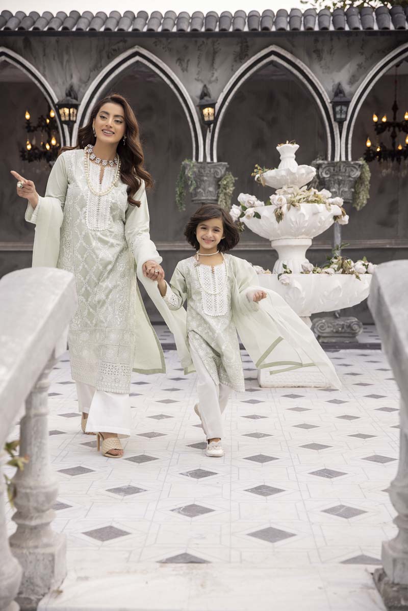 Sana Safinaz Inspired Girls Mint Green Chikan Kari Mummy & Me Eid Outfit - Desi Posh